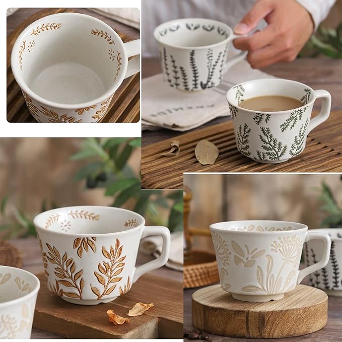 Ceramic Mug with Coffee Spoon Set of 1, 11oz - Vintage Cups Mug for Coffee Milk Latte Cappuccino Tea, Porcelain Cups Dishwasher Microwave Freezer Safe Stoneware 1 PCS Black Leaf Cup