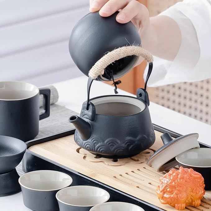 ICHAG Japanese & Chinese Tea Set, Adults' Portable Gongfu Tea Set with Teapet with Porcelain Teapot, 8oz Teapot,14-Piece 茶具 for Home/Outdoor/Office Gifts (Gray)