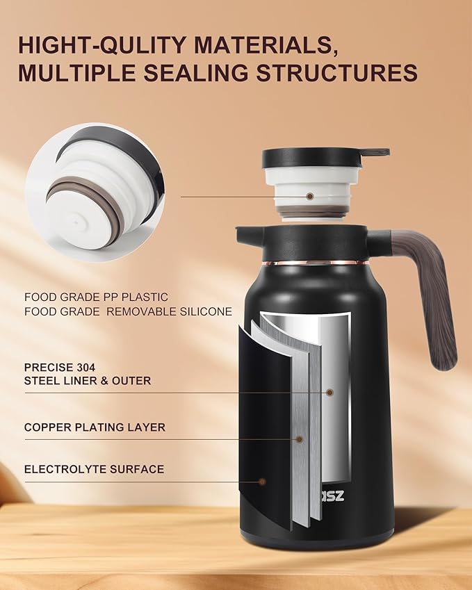 34 Oz Carafes for Hot Liquid, Stainless Steel Insulated Vacuum Thermal Coffee Carafes For Keeping Hot, 1 Liter Coffee Dispenser（Black)