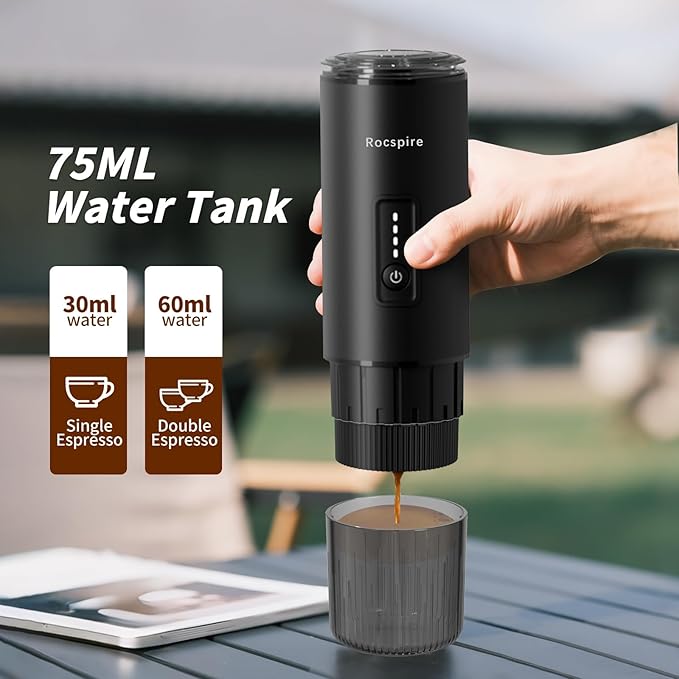 Stainless Steel Portable Espresso Maker | 7500mAh Rechargeable Battery | 20 Bar Self-Heating with USB-C | Works with Most Capsules Compatible for Camping, Travel, Outdoor (Black)