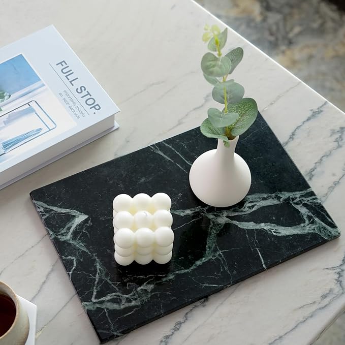 Koville Natural Green Marble Cutting Board for Kitchen Pastry Bread Macaron Display, 12" x 8" Real Stone Slab Marble Cheese Board for Home Countertop, Bathroom Perfume Tray Candle Plate