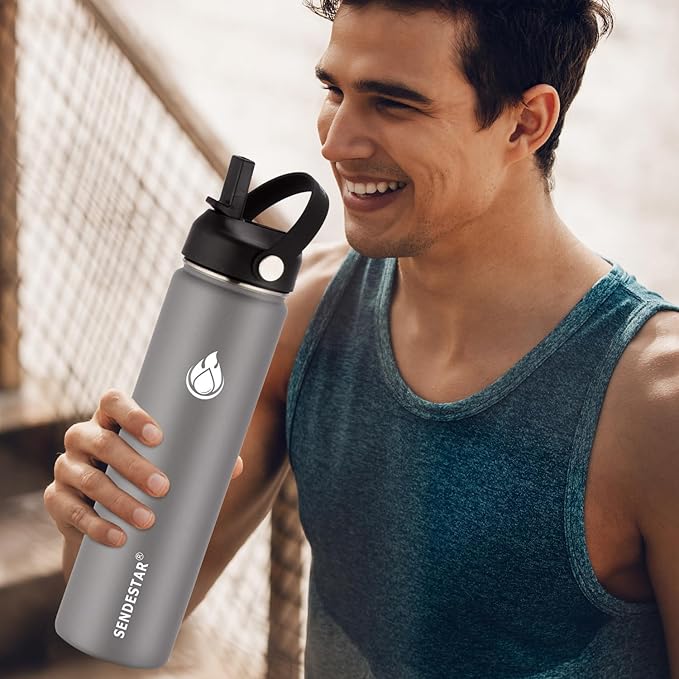 SENDESTAR Stainless Steel Water Bottle, Wide Mouth Water Bottle 40 oz with Straw Lid, Spout Lid, Double Wall Vacuum Insulated Leak Proof, Keeps Liquids Hot or Cold (Gray)