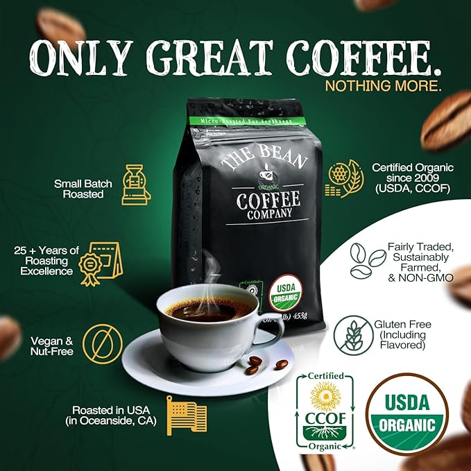 The Bean Organic Coffee Company California Blend, Medium Roast, Whole Bean Coffee, 16-Ounce Bag
