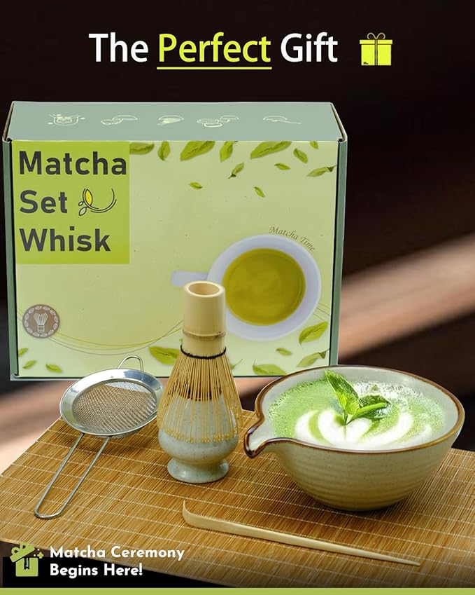 Matcha Whisk Set,Matcha Set,Matcha Kit,Matcha Bowl with Spout,Scoop,Sifter,Bamboo Whisk,Chasen Holder,Unique Gifts for Women Grifend,Gifts for Christmas, Birthday,Halloween