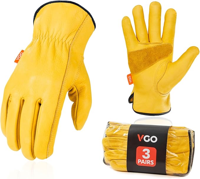 Vgo 3-Pairs Unlined Cow Grain Leather Work and Driver Gloves with Cow Split Leather Palm Patch (Size XL, Gold,CA9590)