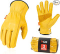 Vgo... 3-Pairs Unlined Cow Grain Leather Work and Driver Gloves with Cow Split Leather Palm Patch (Size M, Gold,CA9590)