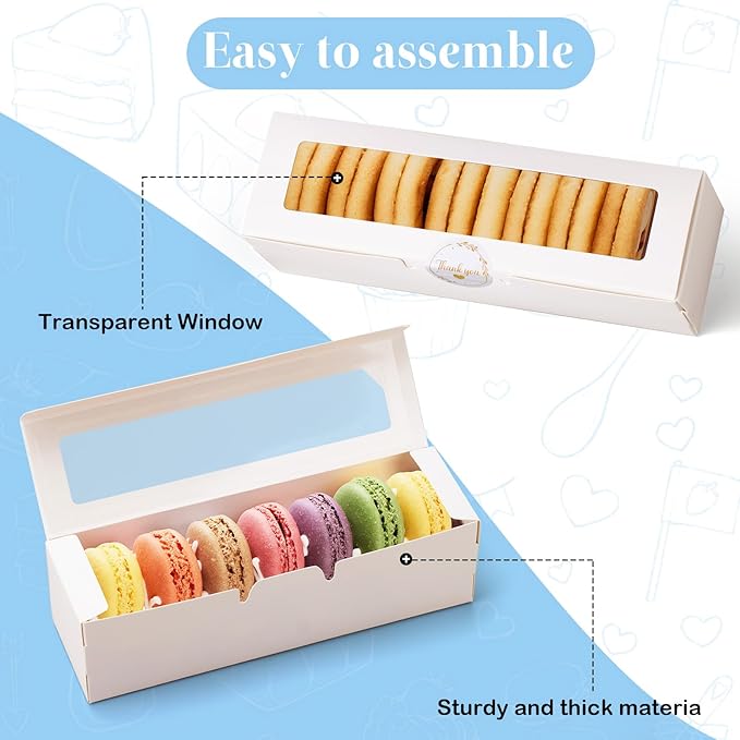 20 Pack Macaron Boxes with Window - 7.3x2x2 in Macaron Packaging Containers Holds 6-8 pcs, Small Cookie, Candy and Truffle Boxes for Gift Giving
