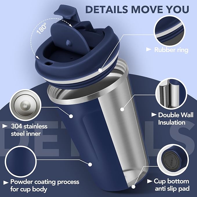 Volhoply 12 oz Double Wall Insulated Vacuum Travel Coffee Mug with Flip Lid,Reusable Stainless Steel Leak Proof Coffee Cup,Portable Iced Cafe Thermal Tumbler Suitable for Hot & Cold Drinks(Navy,1 Set)