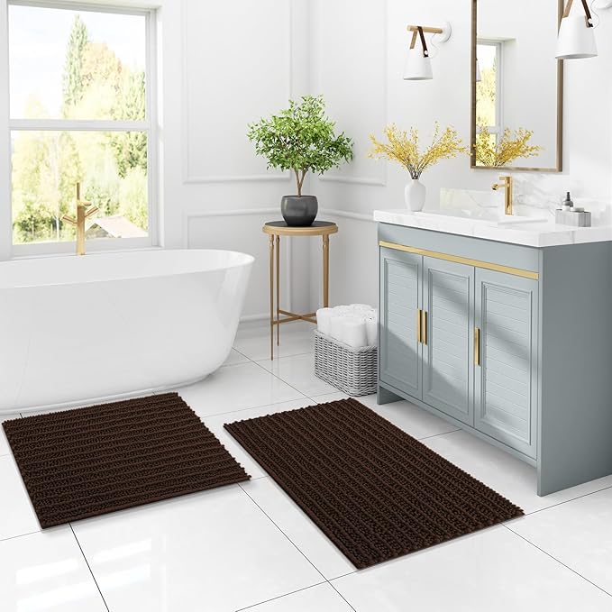 Arotive Luxury Chenille Bathroom Rug Mat, Extra Soft Thick Absorbent Shaggy Bath Rugs, Non-Slip Machine Wash Dry, Plush Bath Mats for Bathroom, Shower and Tub, 40x24, Brown