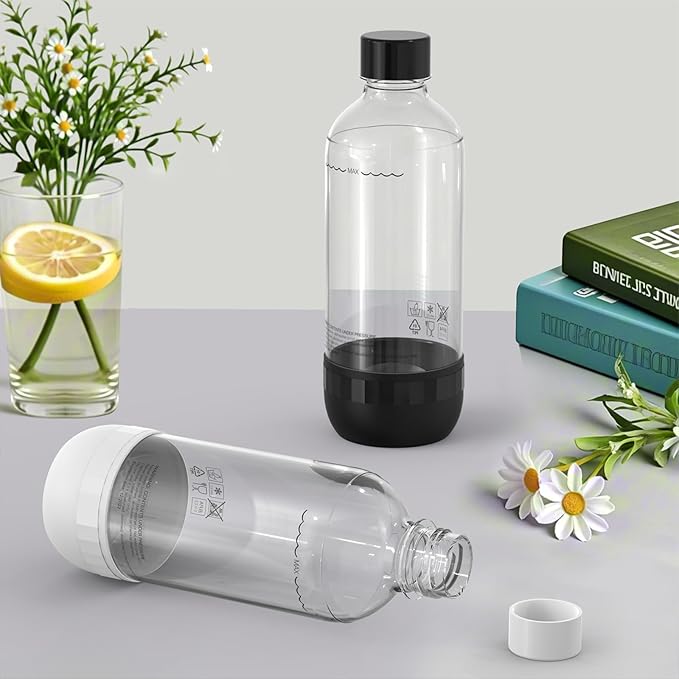 Soda Bottles 1 Litre - Set of 2 BPA-Free PET Reusable - 1 x Black & 1 x White Sparkling Water Bottles Compatible with Soda Machine & Water Carbonator