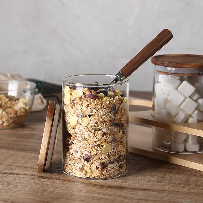 KKC HOME ACCENTS Sealed Glass Food Storage Jars with Scoop for Kitchen Counter,Glass Tea Canisters for Loose Tea,Ground Coffee,Bean,Sugar,Nut,Wooden Top Glass Containers with Spoons,25 Fluid-oz