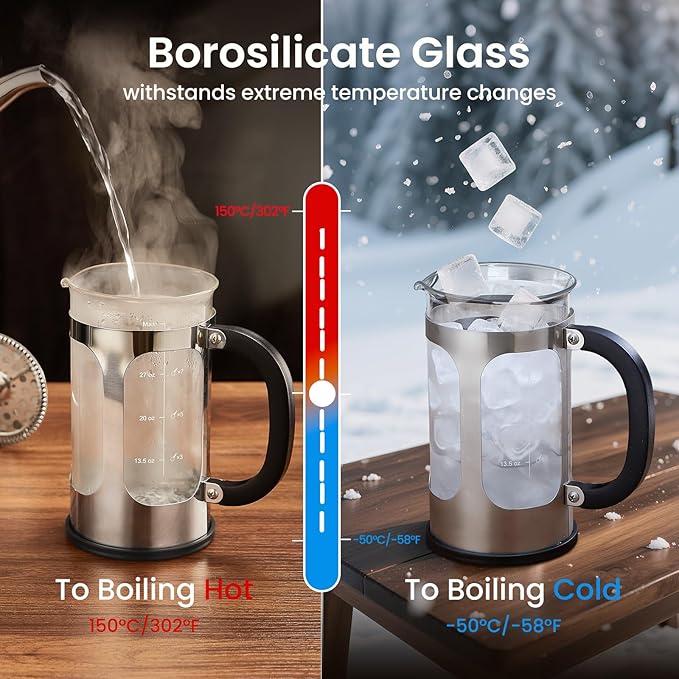 BAYKA 34oz French Press Cold Brew Coffee Maker, Heat and Cold Resistant Thickened Borosilicate Glass Stainless Steel Press Percolators, Iced Tea Pot Pitcher for Kitchen Travel Camping,1 Liter,Silver