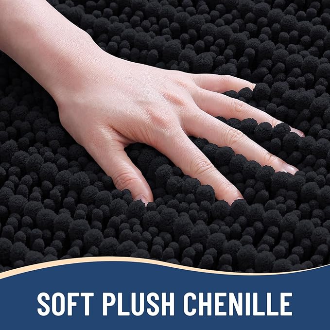 Arotive Luxury Chenille Bathroom Rug Mat, Extra Soft Thick Absorbent Shaggy Bath Rugs, Non-Slip Machine Wash Dry, Plush Bath Mats for Bathroom, Shower and Tub, 47x17, Black