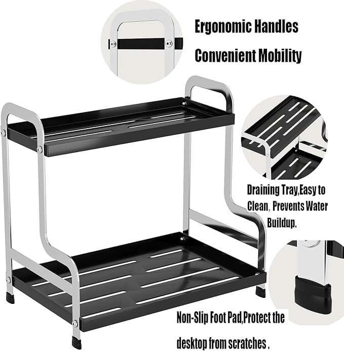 KISKIS Coffee Mug Cup Holder Space Saving 2-Tier Sturdy Stable Metal Storage Shelf, Prevent Falling Scratch Resistant Kitchen Rack Office Bathroom Desktop Organizer,Black