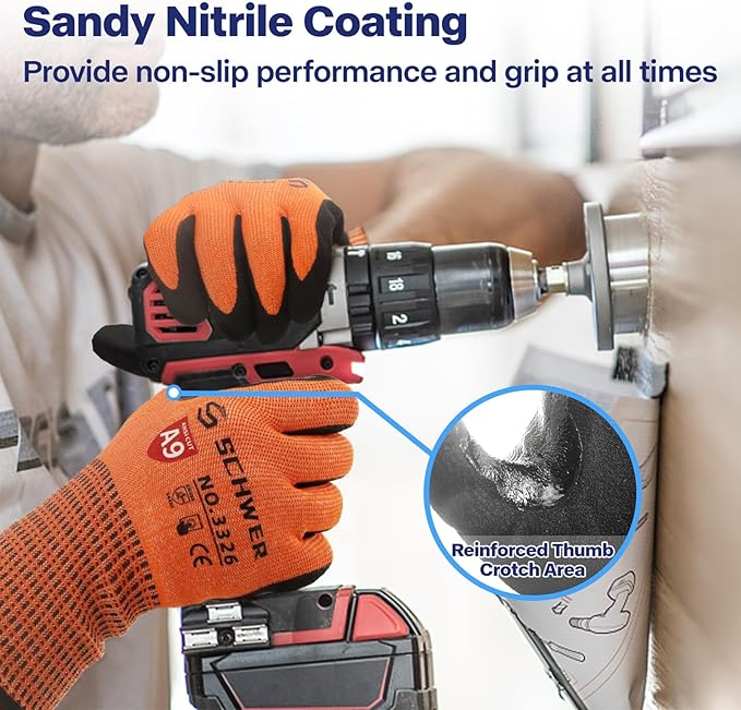 Schwer ProGuard Highest Level Cut Resistant Work Gloves PR3326 for Extreme Protection，ANSI A9 Cut Gloves with Reinforced Thumb, Non Slip, Breathable, Durable, Touch-screen, NON PFAS, Orange 1 Pair XL