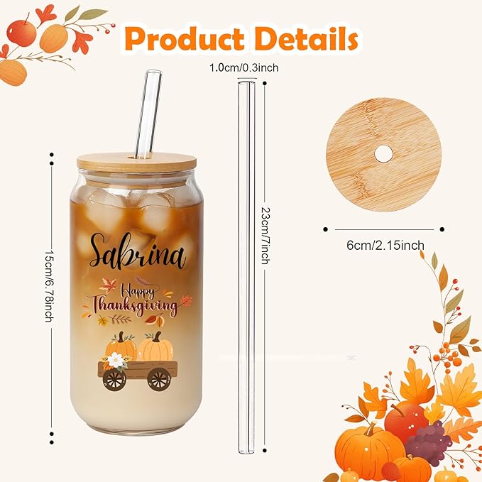 Mason Life Personalized Thanksgiving Gift Glass Cup Personalized with Name-Can Shaped Glass with Lids and Straws-18OZ Iced Coffee Cups