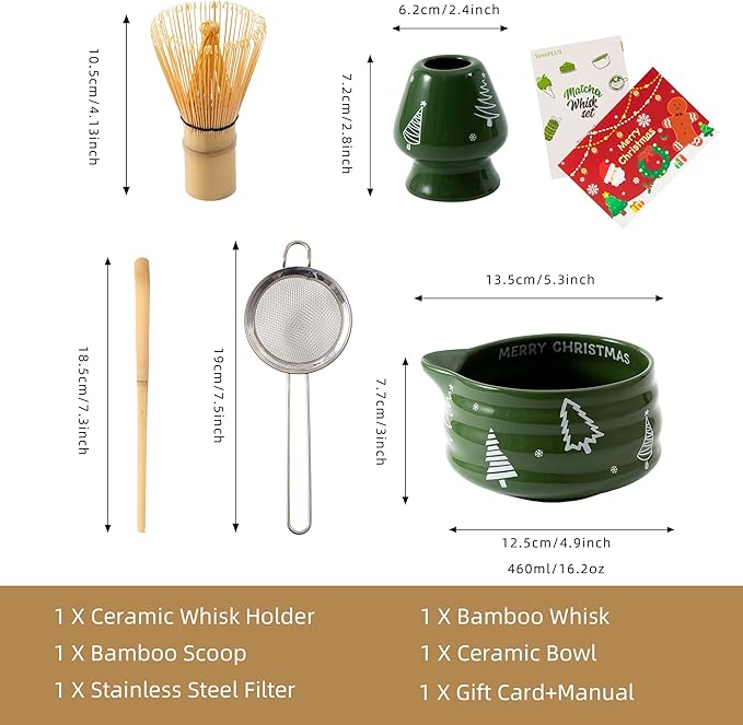 5pcs Premium Matcha Set,Ceramic Bowl with Spout and Bamboo Whisk set, Ceremonical Matcha Kit for breakfast/latte,Tea Starter Making Kit,Christmas Matcha Gift set (Christmas Tree)