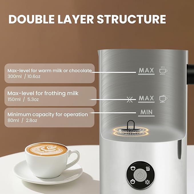 Milk Frother, 4-in-1 Milk Frother and Steamer, 10.6oz Electric Milk Steamer, Automatic Cold and Hot Foam maker for Lattes, Cappuccinos, Non-stick Coating Interior (Polished)