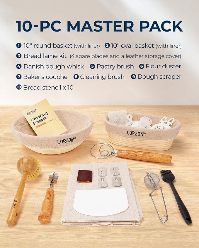 Banneton Bread Proofing Basket Set of 2 (10" Round & Oval Rattan) - Sourdough Bread Baking Supplies with Exclusive Bakers Couche, Dough Whisk, Dough Scraper, Bread Lame & Sourdough Starter Kit