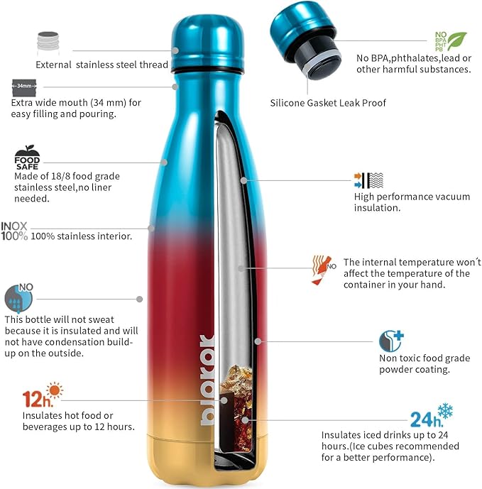 BJPKPK 17oz Insulated Stainless Steel Water Bottles,Sports Water Bottles Keep Cold for 24 Hours and Hot for 12 Hours,BPA Free for Travel,Caribbean Sunrise