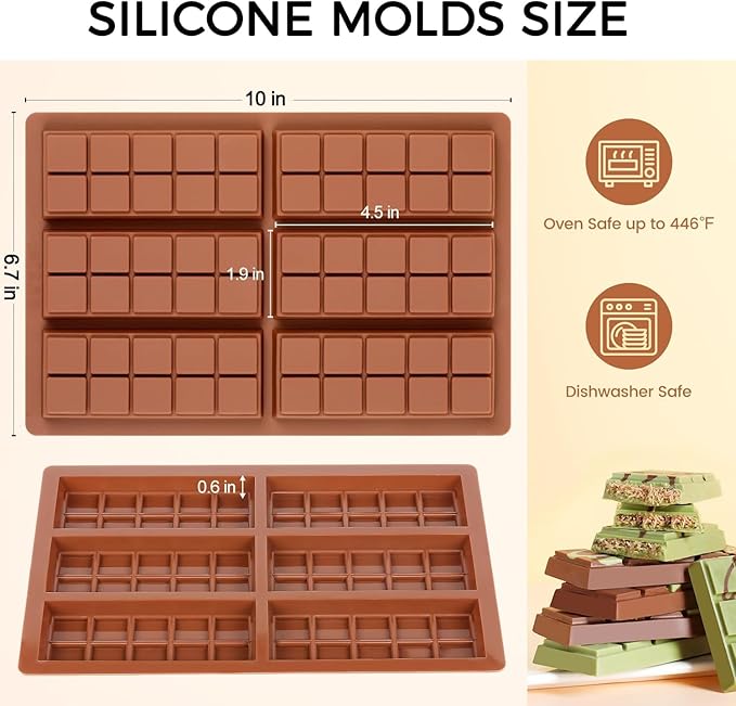 Chocolate Bar Mold Deep Silicone Break-Apart Chocolate Mold Non-Stick Chocolate Mold Dubai Chocolate Bar Mold Pistachio (10 Snap, Set of 2) (10 Snap)