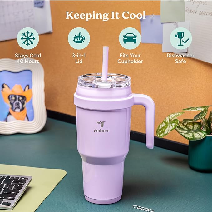 REDUCE 40 oz Stainless Steel Tumbler with Handle - Dual-Wall Vacuum Insulated Travel Mug, Sweat-Proof Lid & Reusable Straw - Keeps Drinks Cold for 24 Hrs, Fits Cupholders, Dishwasher Safe - Phantom