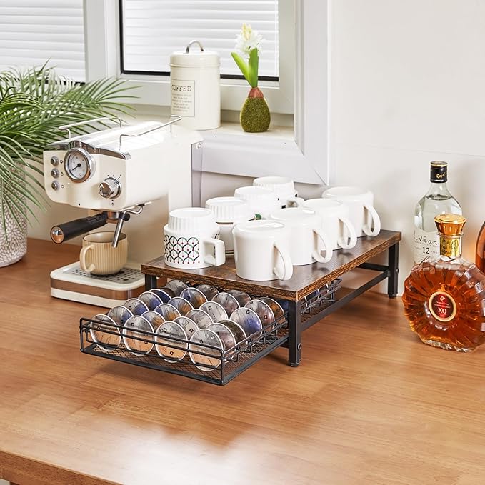 IBUYKE Coffee Pod Drawer Holder,40 Capsule Pods,Compatible for Nespresso Vertuo Pods,Wooden Top and Mesh Shelves,Home Kitchen Counter Coffee Bar Organizer, Rustic Brown,TCJ101H