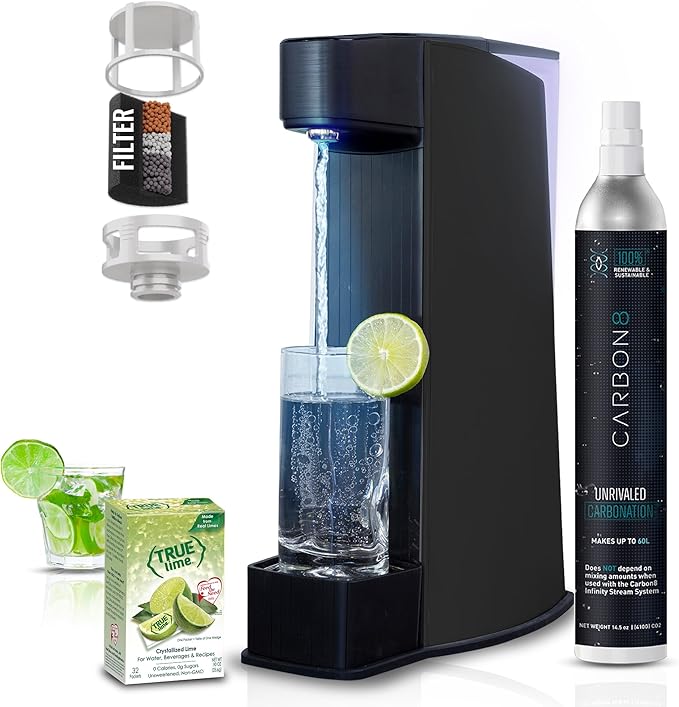 Carbon8 Sparkling Water Maker Machine, Home Soda Stream Machine, Screw-In CO2 Carbonator, Countertop Water Mineralizer, Seltzer Soda Maker Dispenser, CO2 Cylinder Included, Black