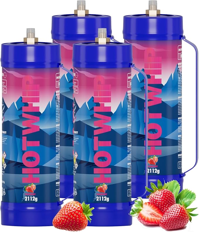 whipped cream charger,4x2112g 3.3L Strawberry Flavor 99.99% Purity Food Grade Premium Whip Cream Cartridge With Nozzle（4,2112g Strawberry)