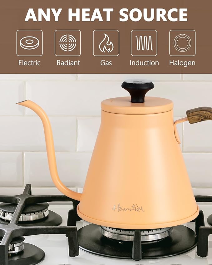Harriet Gooseneck Kettle with Thermometer for Pour Over Coffee and Tea, 37 fl oz, Stainless Steel, Durable 3-Layer Base, Ideal Spout for Precision Pouring, Compatible with all Stove Tops, Peach