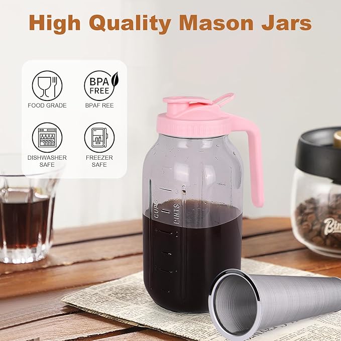 Cold Brew Coffee Maker，64 oz Wide Mouth Mason Jar Pitcher with Stainless Steel Filter, Pour Spout Handle Lid, Heavy Duty Glass Airtight & Leak-Proof Pitcher for iced coffee & Tea Lemonade-Pink