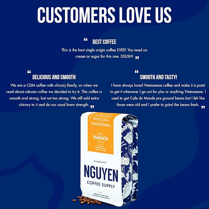 Nguyen Coffee Supply - Hanoi Robusta: Dark Roast Premium Whole Coffee Beans, Vietnamese Single Origin, Direct Trade, Low Acid with High Caffeine Content, Roasted in Brooklyn [12 oz Bag]