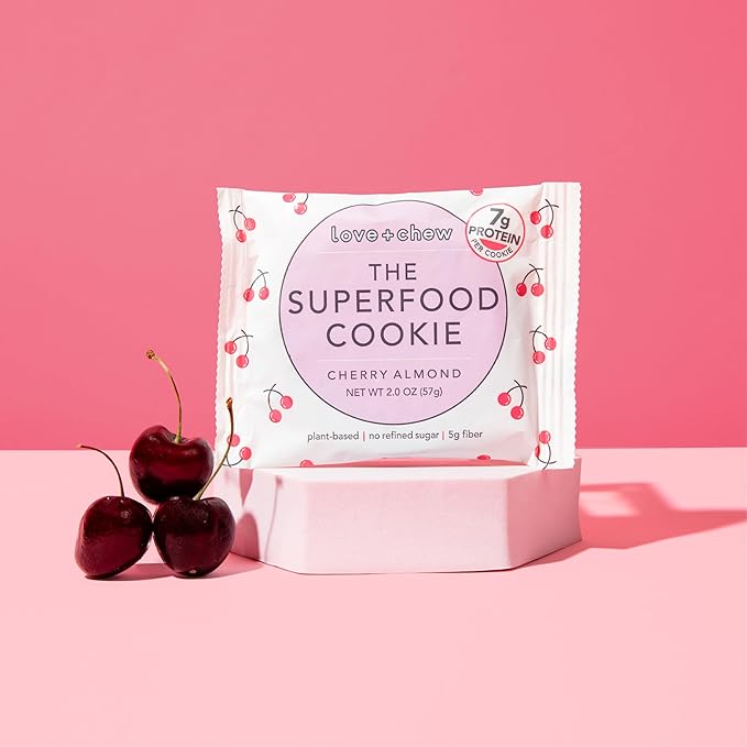 Love + Chew Superfood Soft Baked Cookies, Cherry Almond Flavor, Plant Based Cookie Made With Chia Seeds, Almonds & Cherries for Kids and Adults, Vegan Snacks, Gluten Free, Paleo, Non GMO, 60 Pack