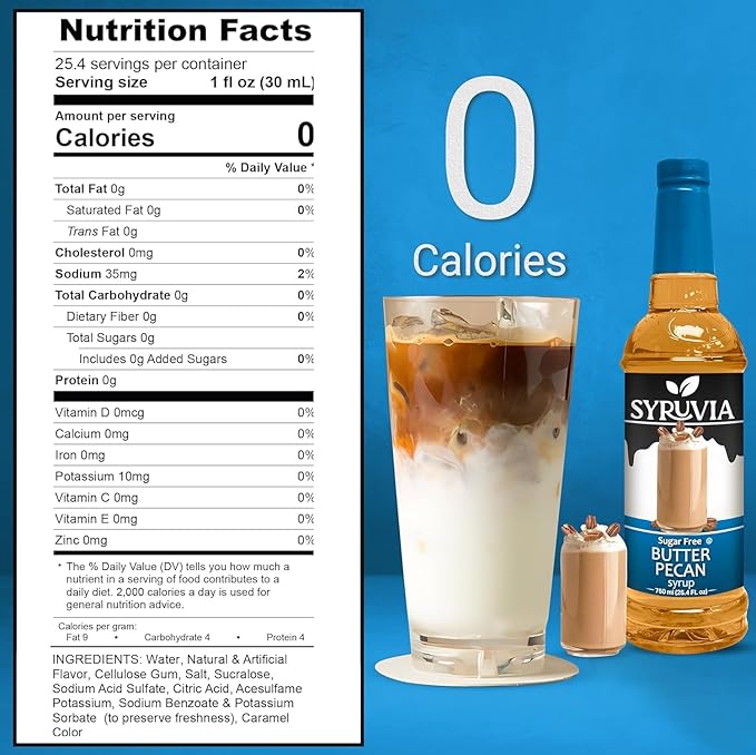 Syruvia Sugar Free Coffee Syrup, Butter Pecan Flavored Syrup for Drinks, Lattes, and Desserts – 25.4 fl oz