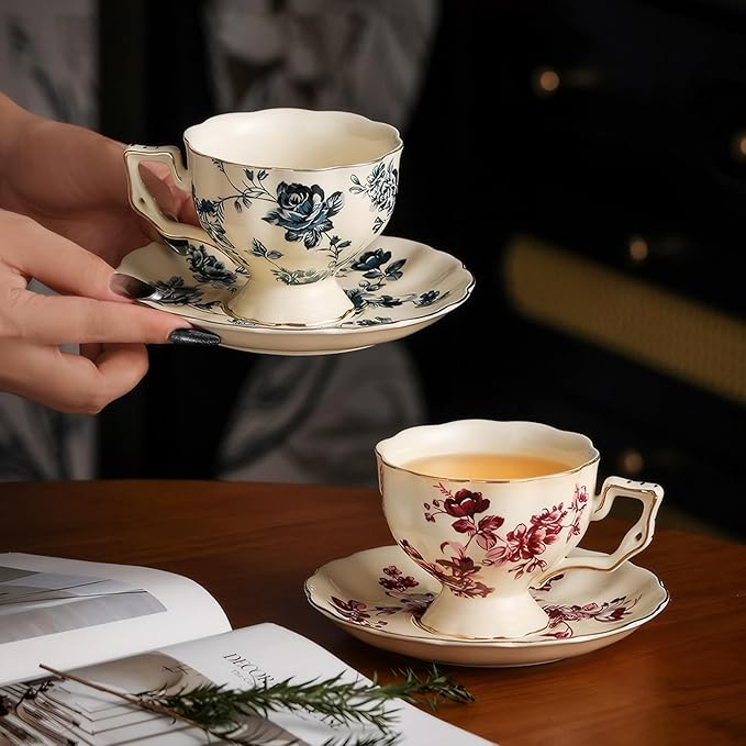 KAMMAK Tea Cups and Saucers Set of 2, Porcelain Coffee Cups, 6.8-Ounce Stackable Espresso Mugs, Ceramic Demitasse for Coffee, Latte, Americano, Tea, Red Orchid