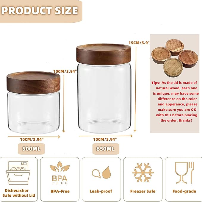 17 Fl oz/500 ml Glass Food Storage Jar, Premium Clear Glass Container Jar with Airtight Wooden Screw Lid, Kitchen Canisters for Coffee,Tea,Pasta,Cookies, Nuts,Spice,Candy,Overnight Oatmeal（Small)