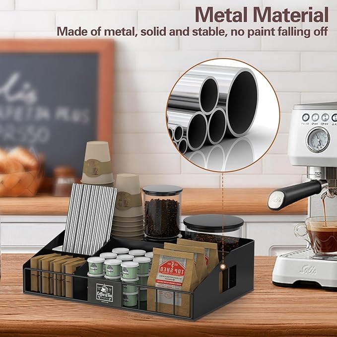 Metal Coffee Station Organizer for Countertop - Coffee Bar Organizer with Designable DIY Logo, K Cup Pods Holder & Tea Condiment Storage - Rustic Breakroom Kitchen Decor in Balck