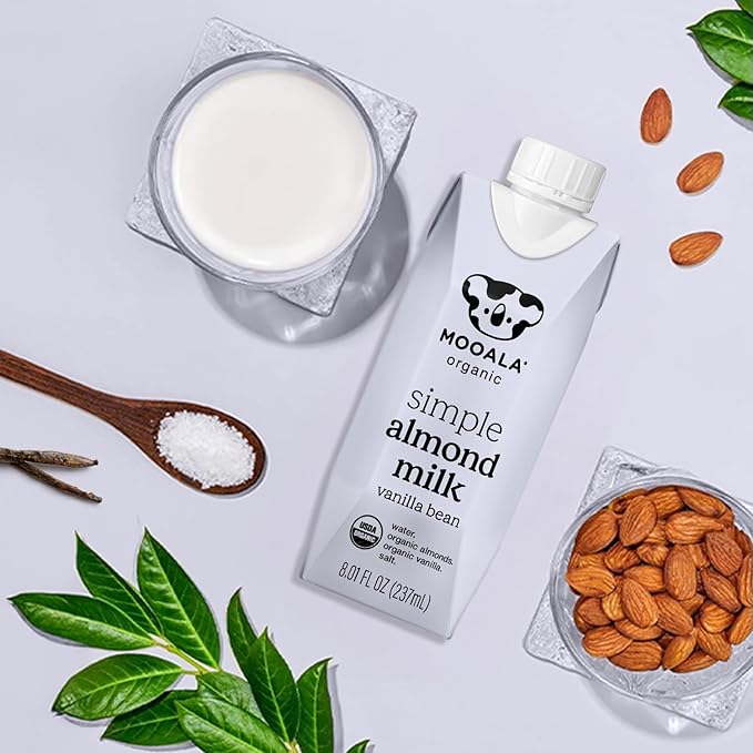 Mooala Organic Simple Almondmilk Vanilla- Shelf Stable Single Serve Cartons, 4 Ingredients, No Gums, No Oil, No Fillers, Dairy Free Plant Based Milk, On The Go 12 Pack