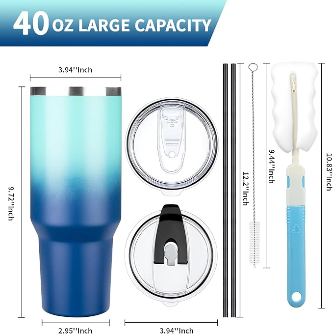 40 oz Tumbler with Lids and Straws, Stainless Steel Insulated Coffee Tumbler, Double Wall Vacuum Insulated Travel Mug Cup, Leakproof Thermal Coffee Cup for Hot and Cold Drink (Light Dark Blue)