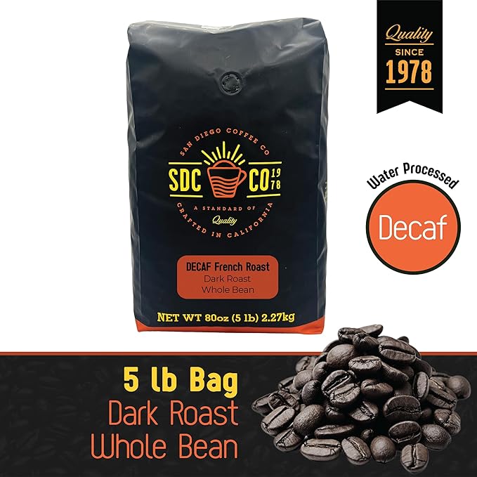San Diego Coffee DECAF French Roast, Dark Roast, Whole Bean Coffee, 5-Pound Bag Café en grano tostado descafeinado