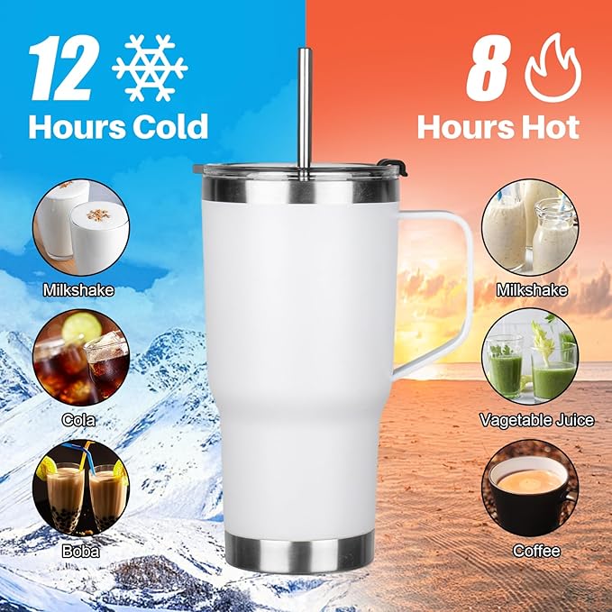 20 oz Tumbler with Handle, Stainless Steel Insulated Tumbler with Lid and Straw, Double Wall Vacuum Coffee Mug Tumbler, Insulated Coffee Thermal Cup for Cold and Hot (White)