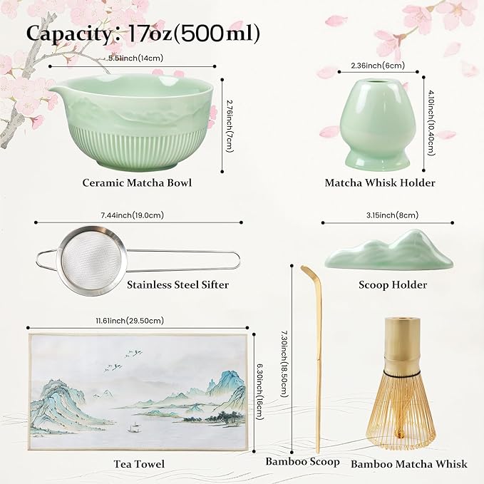 Matcha Bowl and Whisk Set 7PCs Includes Fuji Design 17oz Ceramic Bowl Whisk Holder Bamboo Spoon and Rest Sifter Tea Towel Matcha Kit for Ceremony Blue Matcha Tea Set for Making Breakfast Latte