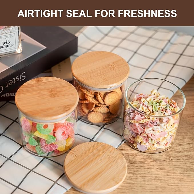 Glass Food Storage Jars 6-Pack - 4x4 in-Clear Glass Food Canisters with Bamboo Lid Airtight For Serving Tea, Coffee, Flour, Sugar, Candy, Cookie, Spice and More (Circular)