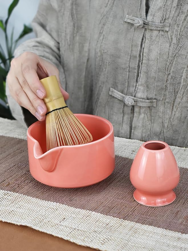 Artcome Premium Matcha Tool Set – Includes Matcha Bowl with Pouring Spout, Whisk, Whisk Holder, Tea Scoop & Matcha Manual - Pink