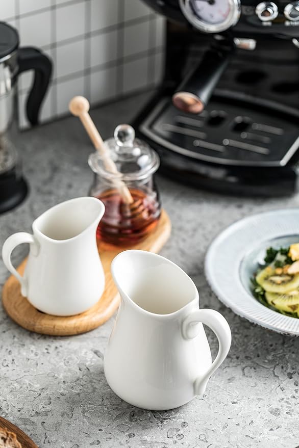 LYEOBOH 9 OZ Creamer Pitcher, Small White Creamer Pitcher for Coffee, Milk, Modern Kitchen Accessory - Ceramic