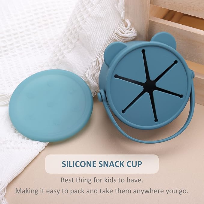 Snack Cups for Toddlers, Baby Snack Containers, Silicone Toddler Snack Cups No Spill, Food Catcher with Lid & Bucket-like Handle, BPA Free & Dishwasher Safe, 9 Ounce Colonial Blue
