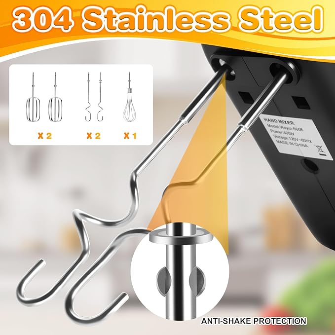 5-Speed 400W Hand Mixer Electric Handheld - Ultra-Powerful Handheld Mixer with Turbo Function & Eject Button, 5 Stainless Steel Attachments for Dough, Cream, Batter, Eggs & Baking
