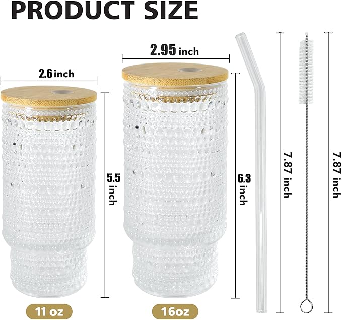 2 Pcs 16 oz Glasses Cups Set with Bamboo Lids Straws Brush Hobnail Glassware Set for Juice Iced Coffee Beer and Cocktail Whiskey(Hobnail*2)