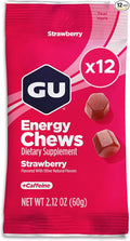 GU Energy Chews, Strawberry Energy Gummies with Electrolytes, Vegan, Gluten-Free, Kosher, 20 mg of Caffeine, and Dairy-Free On-the-Go Energy for Any Workout, 12 Bags (24 Servings Total)