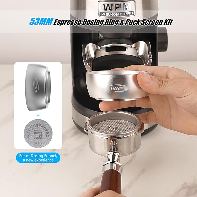 IKAPE Magnetic Dosing Funnel Set, 53MM Espresso Dosing Ring & Puck Screen Kit Compatible with Delonghi 54MM Bottomless Portafilter - with 8 Small Magnet (Silver)